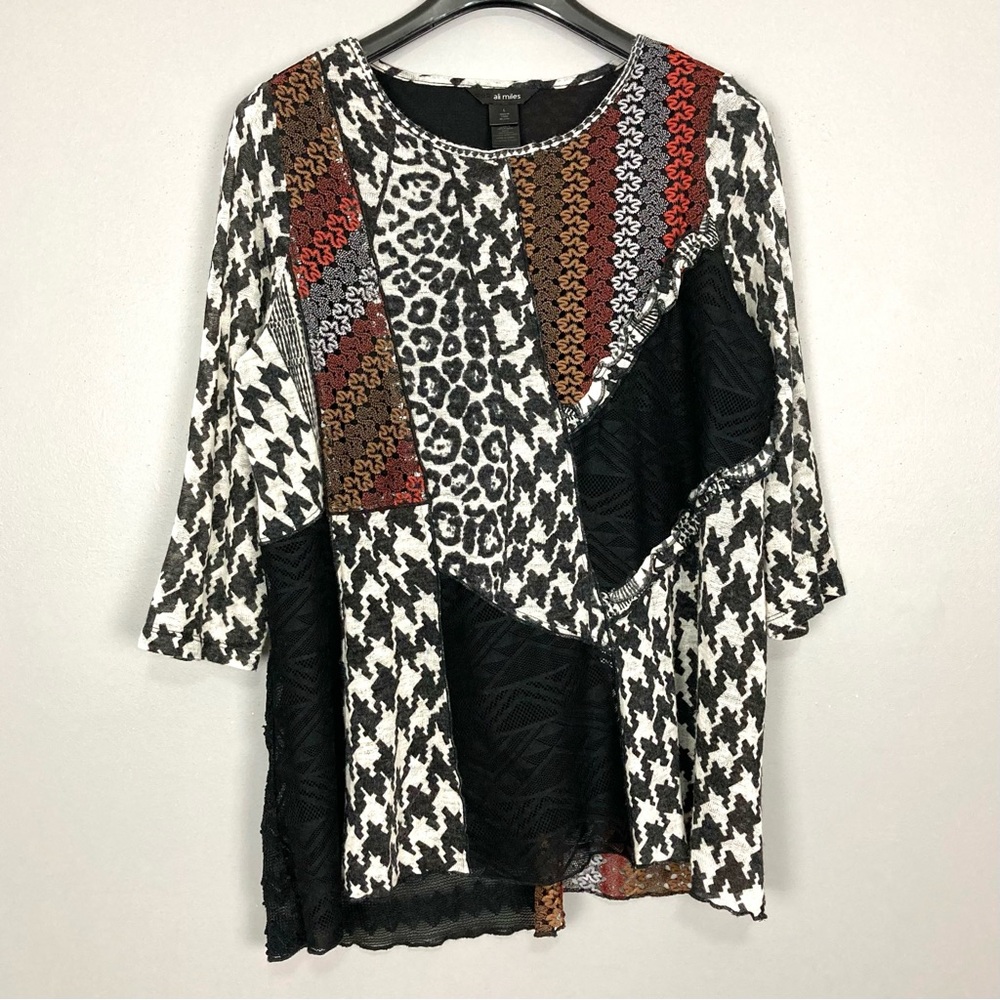 Ali Miles Patchwork Tunic Top Women’s Size L Houndstooth Leopard Lace Boho Artsy